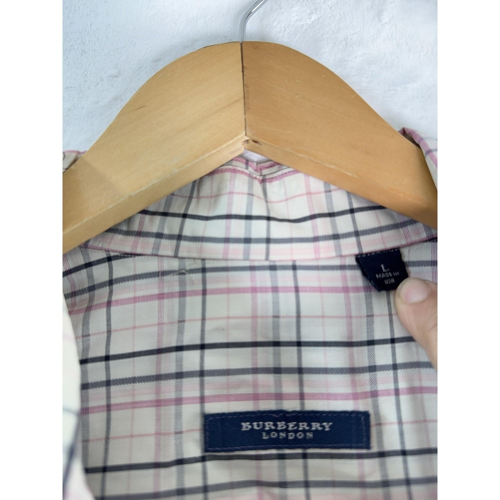 Burberry London Shirt Mens Large Pink Gray Check Plaid Button Down Made USA - Picture 2 of 7